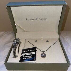 Vintage Cote d’ Azur Jewelry Set With Box Matching Watch Necklace Earrings